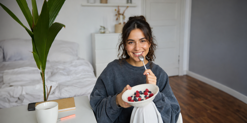 Mujer disfrutando de la comida sin culpa
